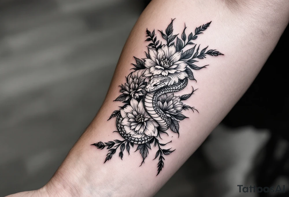 snake with flowers tattoo idea