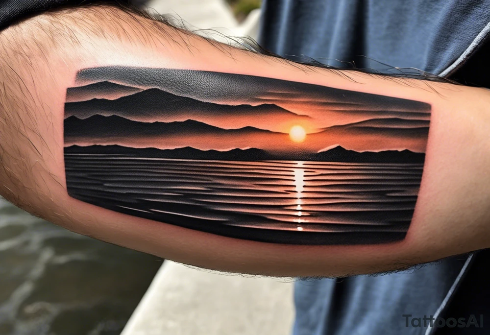 Minimalistic, black and white tattoo on male forearm. From the perspective of being on the ocean, the water is calm, with no waves in sight, the sun is setting behind the ocean, reflecting light onto the water. The tattoo in the shape of a rectangle, 4 inches wide by 2 inches tall. tattoo idea