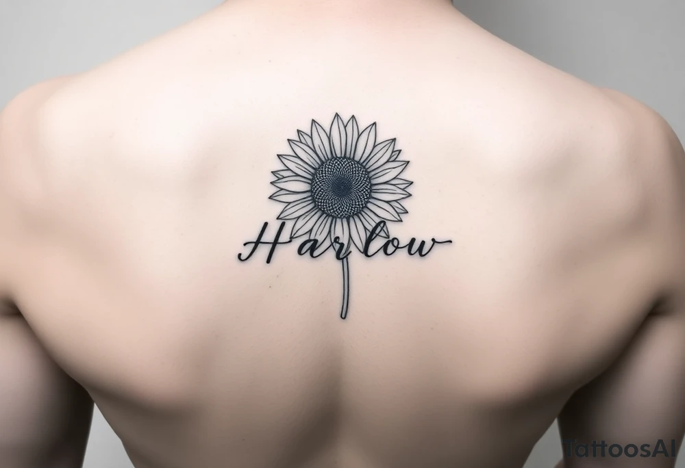 Small minimalist line art inspired by daughter name Harlow and sunflower. 3x3 tattoo idea