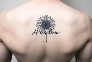 Small minimalist line art inspired by daughter name Harlow and sunflower. 3x3 tattoo idea