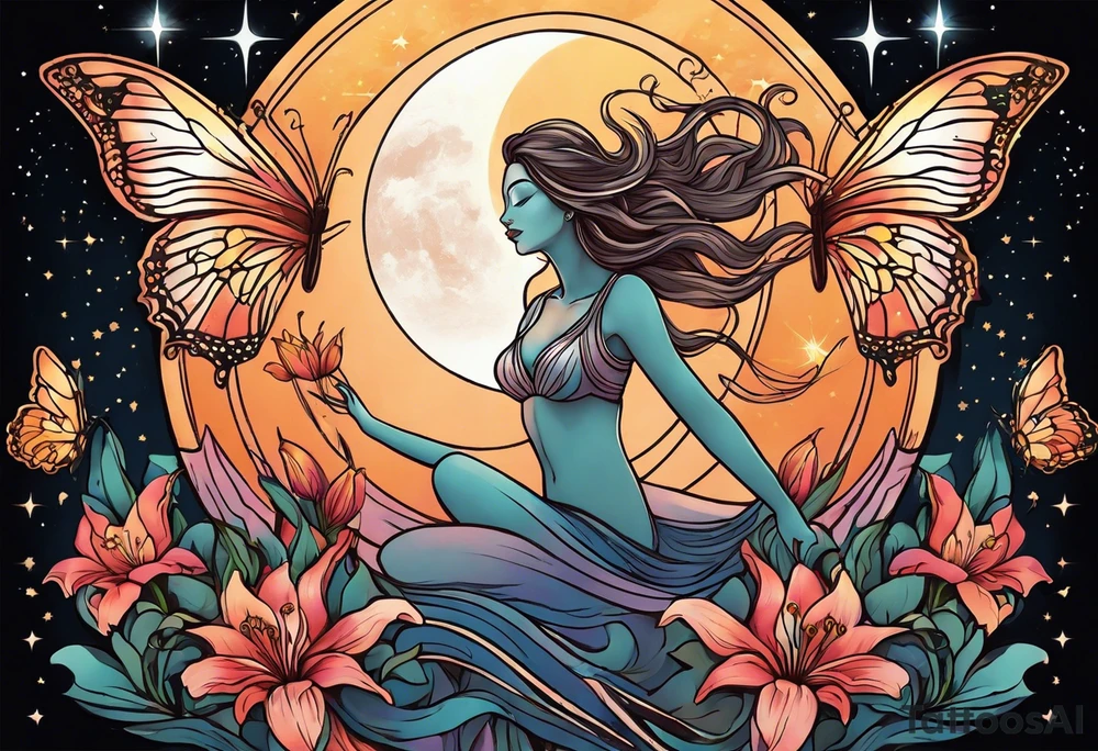 Forward-facing, portrait full length of creation goddess standing upright.  Butterflies. Lillies at feet. Arms raised and hands cupped towards sky. Sun, moon and stars in background tattoo idea