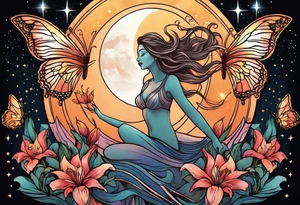 Forward-facing, portrait full length of creation goddess standing upright.  Butterflies. Lillies at feet. Arms raised and hands cupped towards sky. Sun, moon and stars in background tattoo idea
