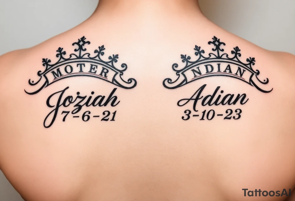 Mother with two sons 1 and half years apart ideas for a women In cursive writing in side crowns the names Joziah   the othe Adian  and thier days numbers in roman numerals joziahs bday is 7-6-21 & Adian is 3-10-23 in roman numerals tattoo idea