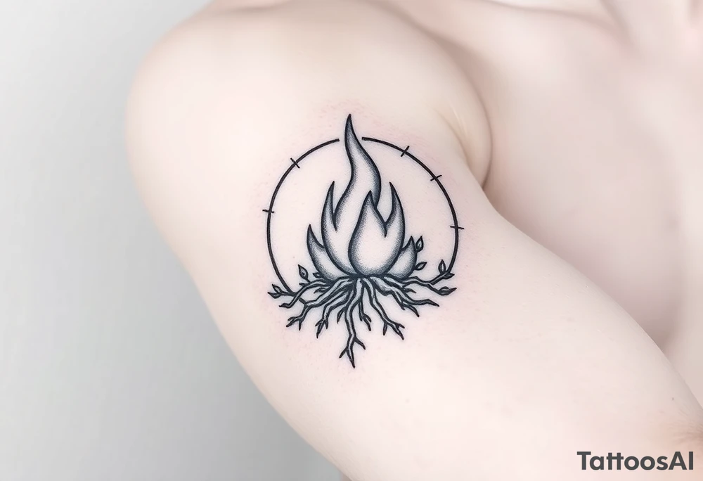 flame in a roots circle, with little sprouts on the outer circle tattoo idea