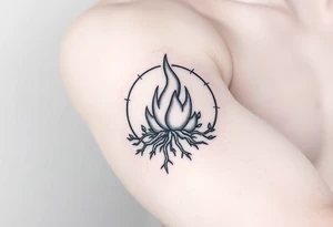 flame in a roots circle, with little sprouts on the outer circle tattoo idea