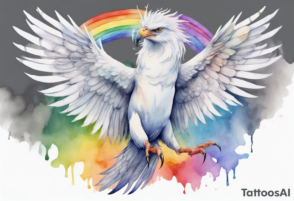 a watercolor of a white bird-serpent hybrid wearing a grey crown, with rainbow wing feathers, flying in the sky tattoo idea