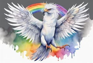 a watercolor of a white bird-serpent hybrid wearing a grey crown, with rainbow wing feathers, flying in the sky tattoo idea
