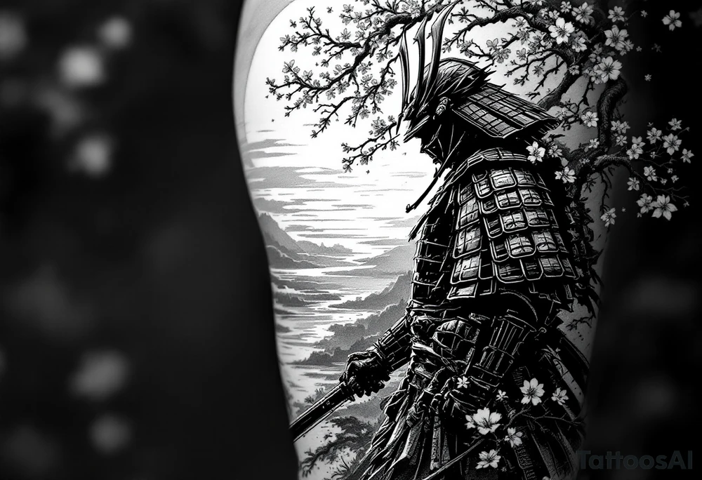 noble samurai warrior silhouette at sunset with cherry blossoms tattoo idea