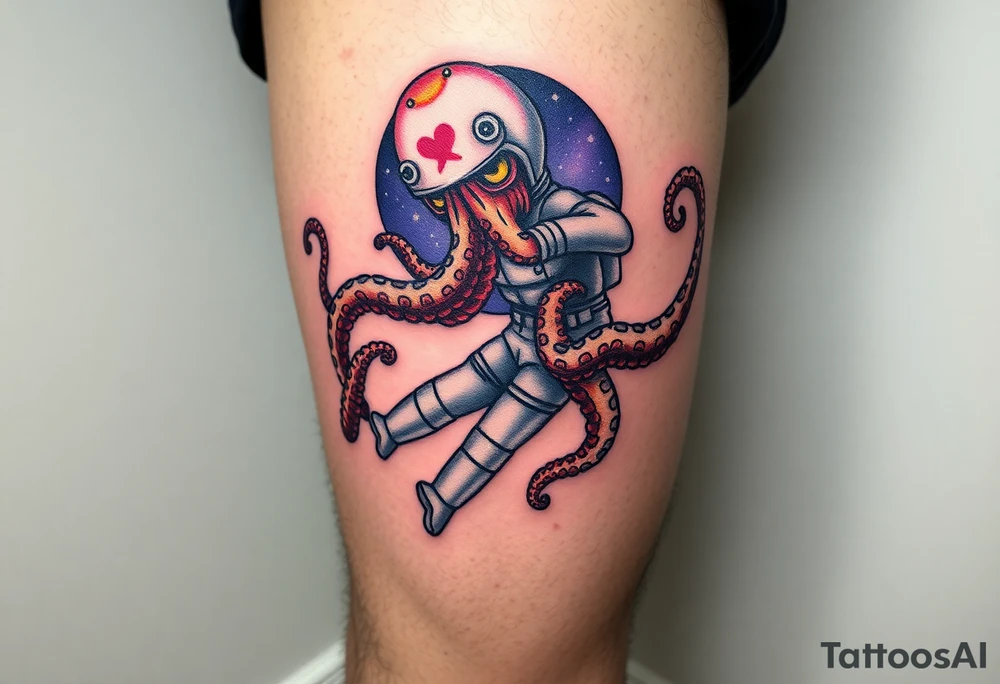 Kraken octopus grabbing a astronaut in a Outer space back ground tattoo idea