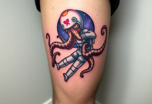 Kraken octopus grabbing a astronaut in a Outer space back ground tattoo idea