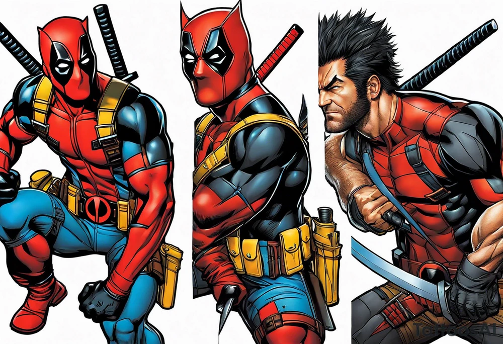 The tattoo features Deadpool and Wolverine in a highly realistic style. Deadpool, dressed in his detailed red and black costume, stands in a combat-ready pose, his katanas brilliantly rendered in hand. Beside him, Wolverine showcases his imposing musculature in his yellow and blue costume, with his adamantium claws extended and gleaming. Their expressions, one mischievous and the other fierce, are captured with precision, highlighting their distinct personalities. The scene focuses solely on the characters, with a minimalistic background to emphasize their dynamic and powerful presence. tattoo idea