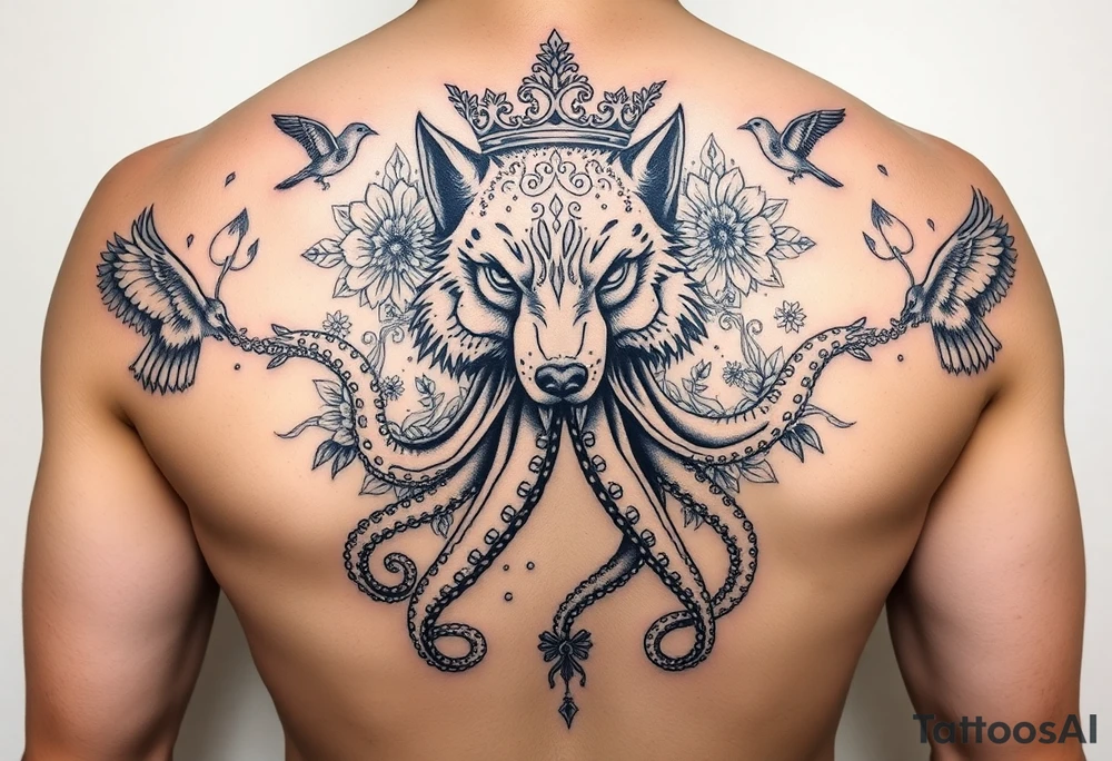 powerful majestic wolf octopus with a crown, surrounded by floral ornaments and birds tattoo idea