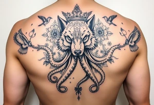 powerful majestic wolf octopus with a crown, surrounded by floral ornaments and birds tattoo idea