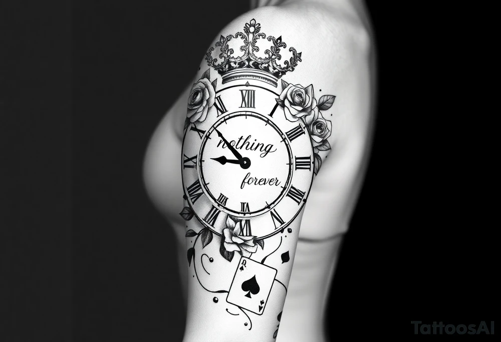 Roman clock with roses and a crown,  a quote that says nothings forever. and on the bottom a deck of cards tattoo idea