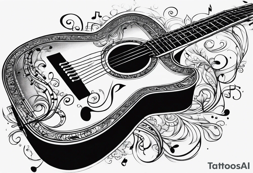 guitar with musical notes wrapped around it tattoo idea