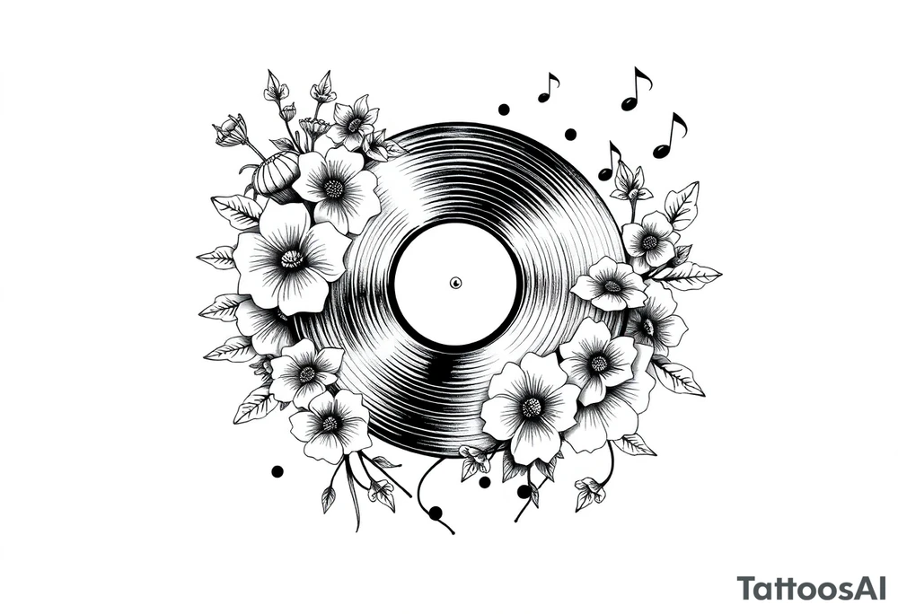 vinyl record player surrounded by flowers, mushrooms, and music notes tattoo idea