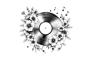 vinyl record player surrounded by flowers, mushrooms, and music notes tattoo idea
