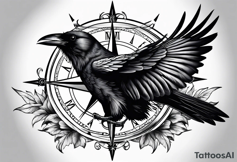 flying crow with compass tattoo idea