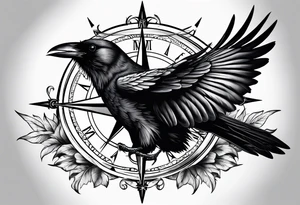 flying crow with compass tattoo idea