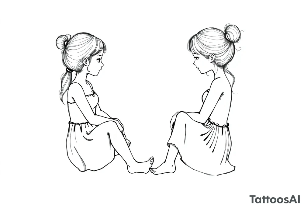 Zwei kleine mädchen sitzen sich gegenüber eine hat einen Dutt die andere einen Zopf und sie berühren sich an den Fußsohlen tattoo idea