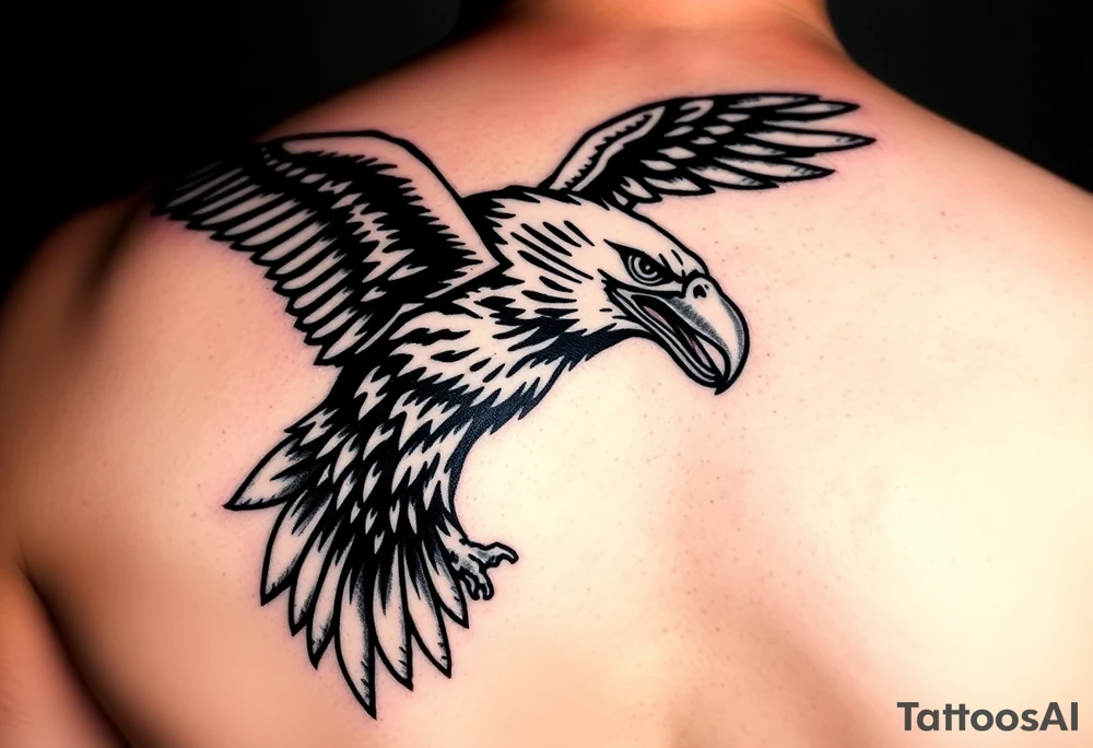 Give me a Neo traditional tattoo of a bald Eagle. Mouth open with tongue sticking out. Swooping down. tattoo idea