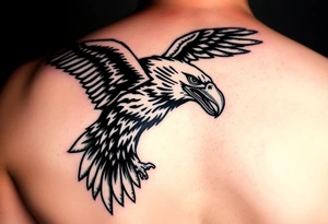 Give me a Neo traditional tattoo of a bald Eagle. Mouth open with tongue sticking out. Swooping down. tattoo idea