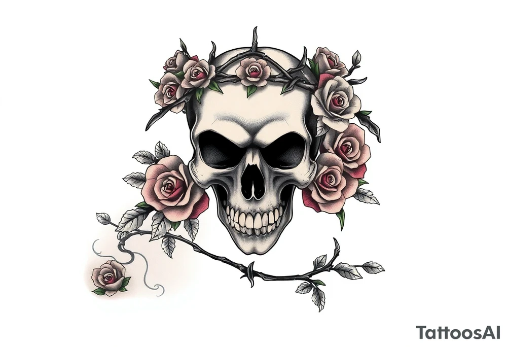 ornate skull adorned with crown of wild roses and thorns tattoo idea