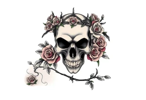 ornate skull adorned with crown of wild roses and thorns tattoo idea