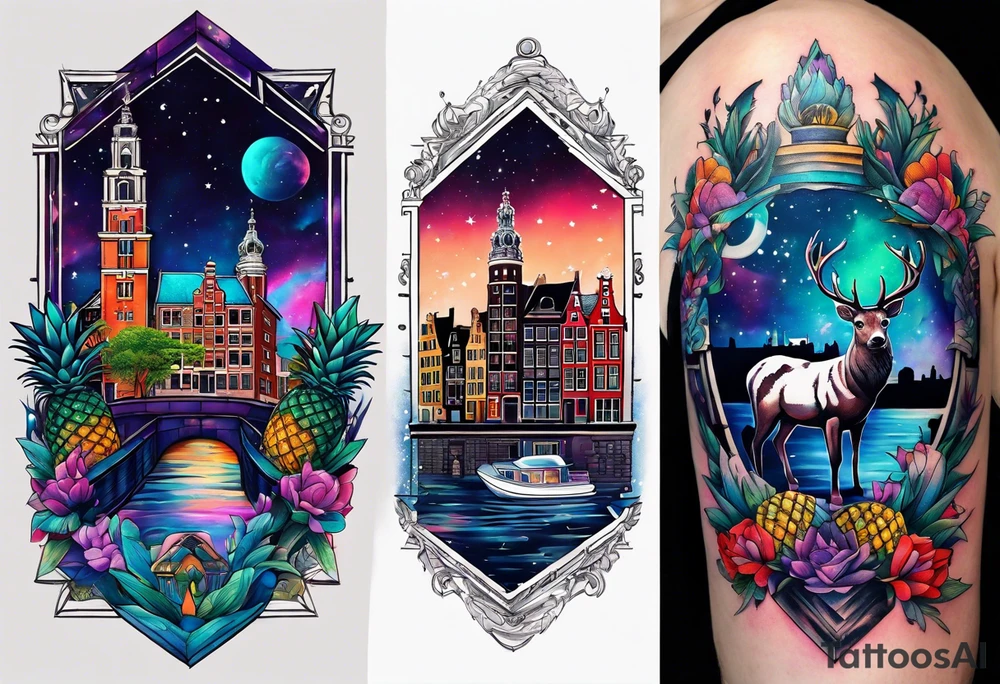 Stag deer with white tiger and birds with pineapples featuring Amsterdam buildings and canal in galaxy colours and Amsterdam buildings and canal in space tattoo idea