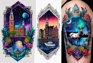 Stag deer with white tiger and birds with pineapples featuring Amsterdam buildings and canal in galaxy colours and Amsterdam buildings and canal in space tattoo idea