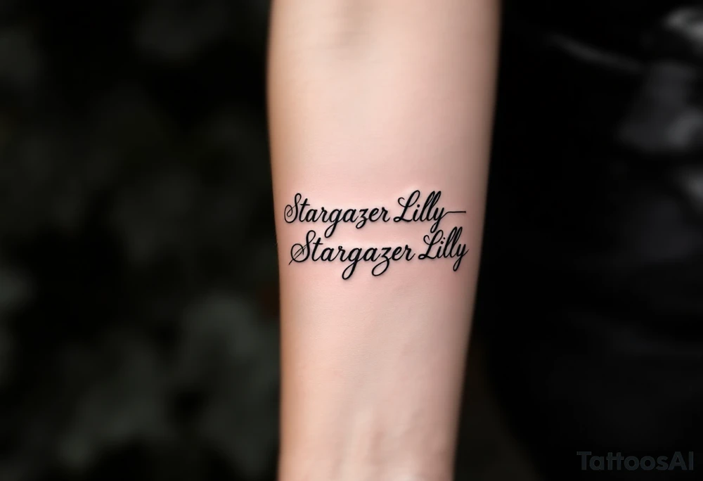 Stargazer Lilly 
with these words on stem in cursive (Rix Rys & Ari) long elegant stem with subtle shadowing through drawing in pink hues tattoo idea