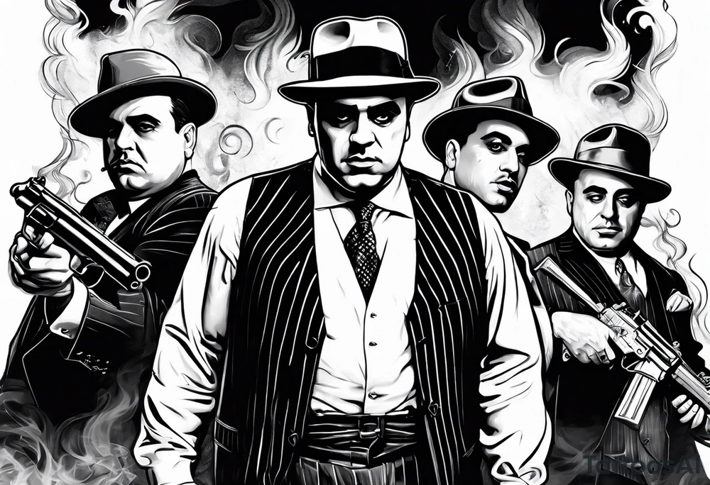 group of gangsters including Al Capone with machine guns surrounded by smoke and fire tattoo idea