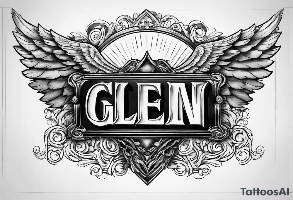 The word Glenn on a banner with angel Wings tattoo idea