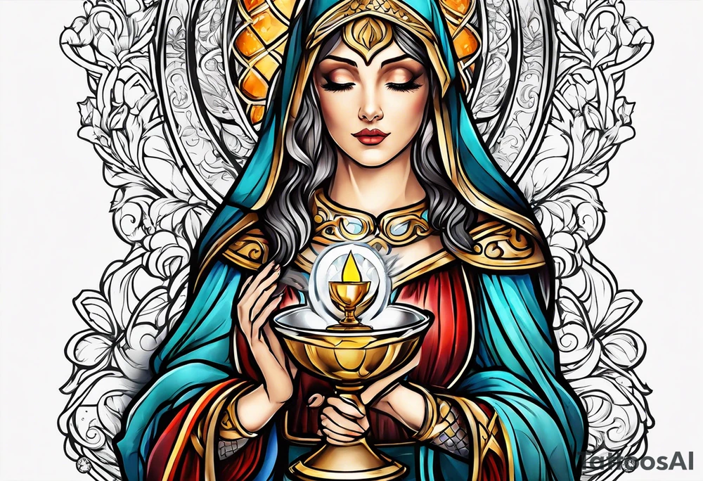Female saint holding a chalice tattoo idea