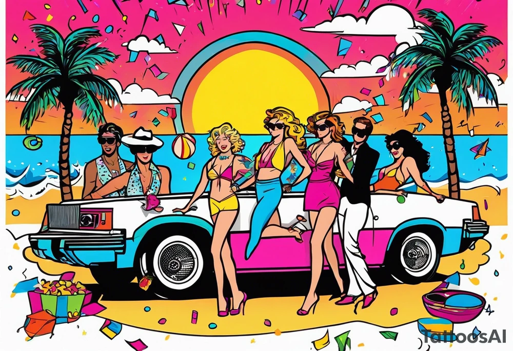 1980's miami vice style beach dance 
party, include confetti, music notes, boom box, bikinis sunset in the center tattoo idea