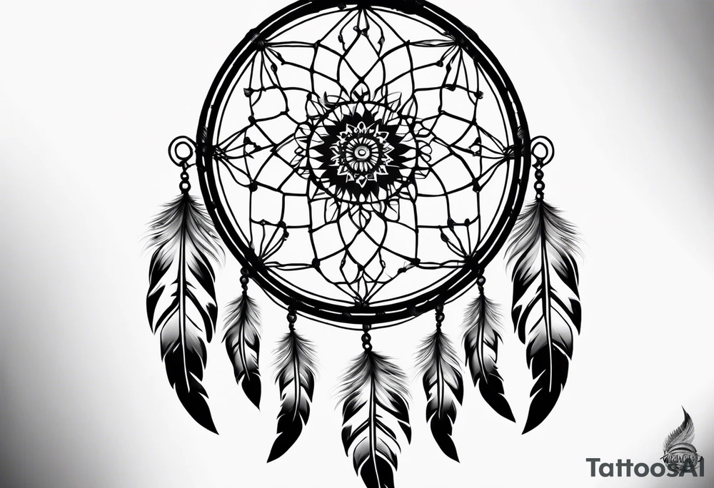 A black and white detailed dream catcher with a lot of shading tattoo idea