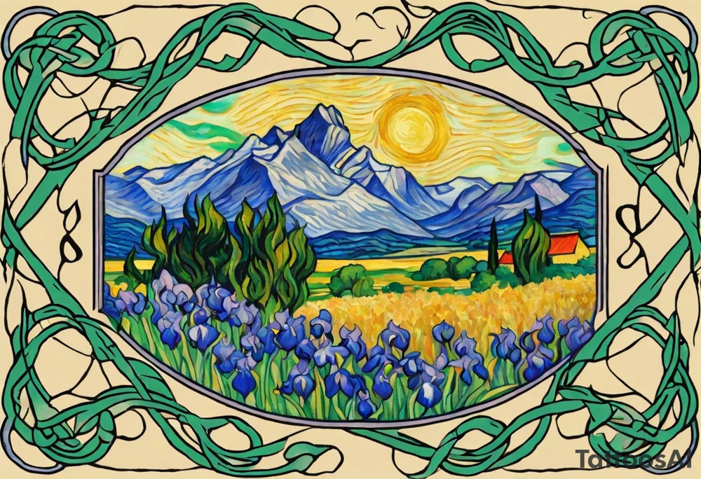 Create a condensed, thick, colorful Vincent van Gogh's Irises tattoo, with vines in Celtic knots gracefully holding mountains. The intended placement is on the upper chest. The overall design should be small in size while maintaining a delicate and artistic aesthetic. Pay attention to the graceful flow of the vines and the placement of the irises to achieve a refined and elegant look. tattoo idea