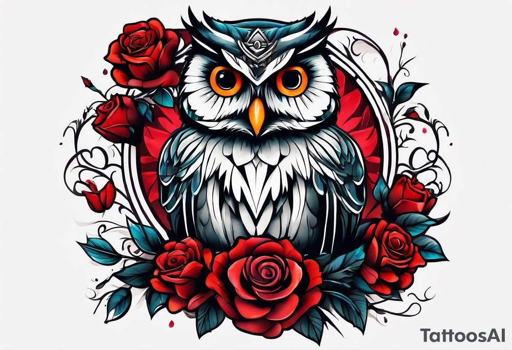Color Owl with red roses tattoo idea