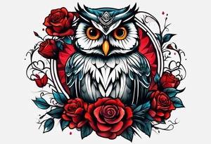 Color Owl with red roses tattoo idea