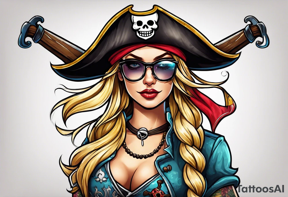 create a pirate flag with a feminine skull with two blonde pigtails and crossbones  wearing glasses tattoo idea