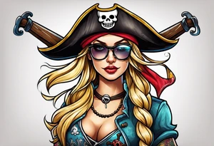 create a pirate flag with a feminine skull with two blonde pigtails and crossbones  wearing glasses tattoo idea