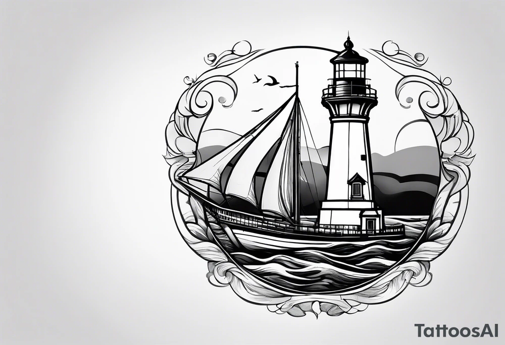 maritime lighthouse partially hidden by its  large fixed sails. tattoo idea