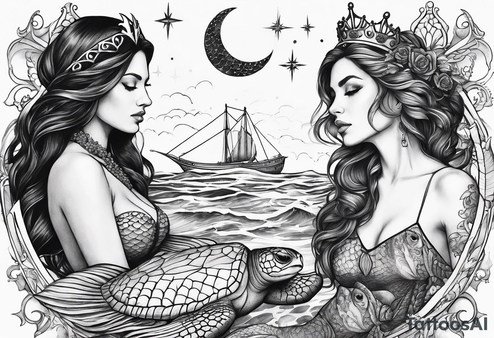 Full Mermaid with trident and crown, sea turtle, compass, cresent moon tattoo idea