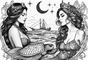 Full Mermaid with trident and crown, sea turtle, compass, cresent moon tattoo idea