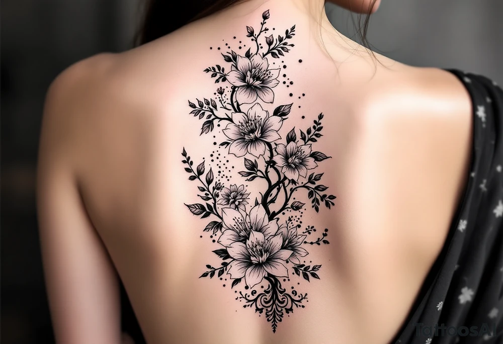 1.	Cherry Blossom Flow (Central Spine): A cascading cherry blossom flowing vertically along the spine to cover the central portion of the existing tattoo. Symmetrical patterns inspired by ornamental designs, with intricate curves and dotwork extending outward from the base of the spine. These elements should balance the floral motif and enhance the lower back area with a decorative, feminine flair.
	3.	Dotwork and Contouring: Delicate linework and dot patterns should be added around the floral design to give texture and seamlessly blend the tattoo with the surrounding skin. The ornamentation should curve naturally along the shape of the body, creating a cohesive, elegant look. tattoo idea