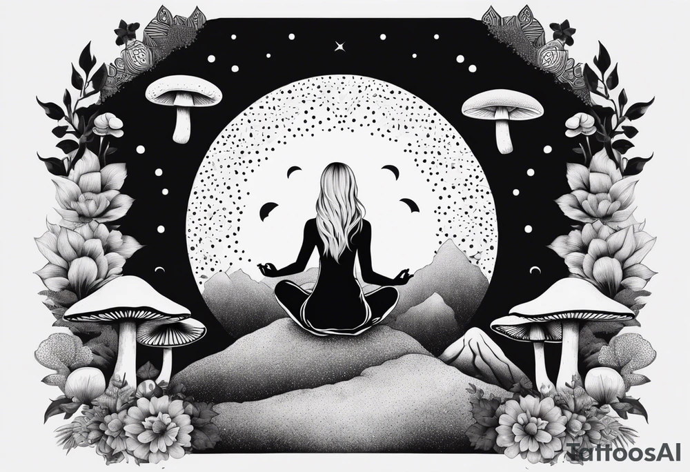 Straight blonde hair girl meditating facing away toward mountains surrounded by mushrooms crescent moon mandala circular design black and white striped dress tattoo idea