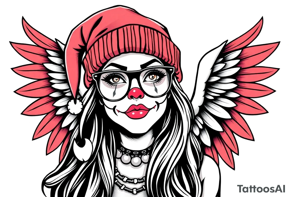 Mexican beautiful long hair Clown Girl thug beanie eyeglasses angel wings tattoo idea