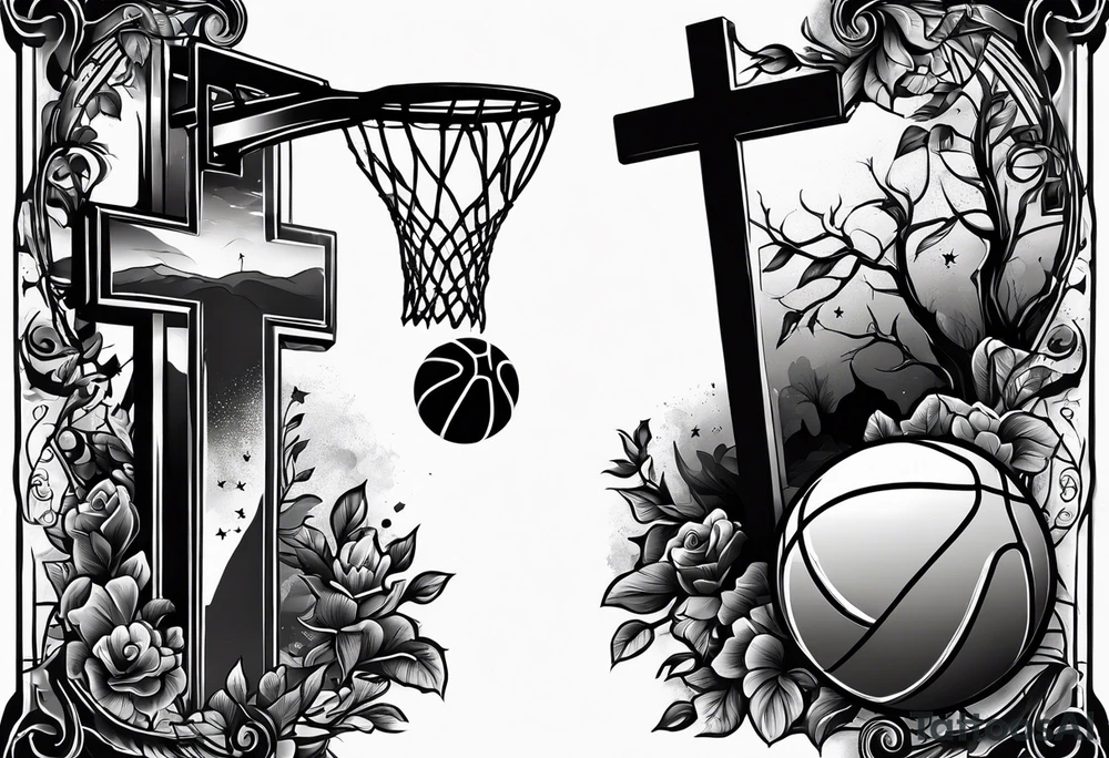 A forearm tattoo that includes a basketball hoop and a cross tattoo idea