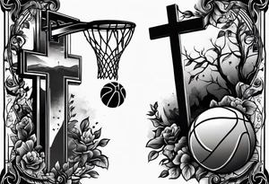 A forearm tattoo that includes a basketball hoop and a cross tattoo idea