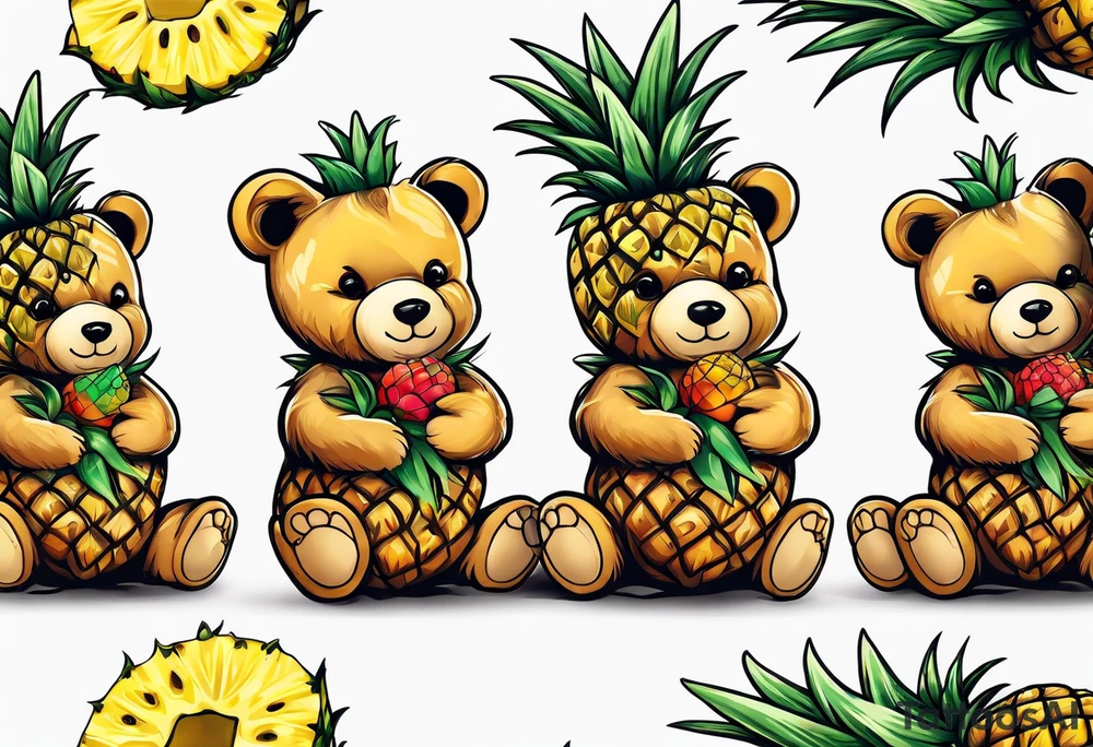 Teddy bear hugging pineapple tattoo idea